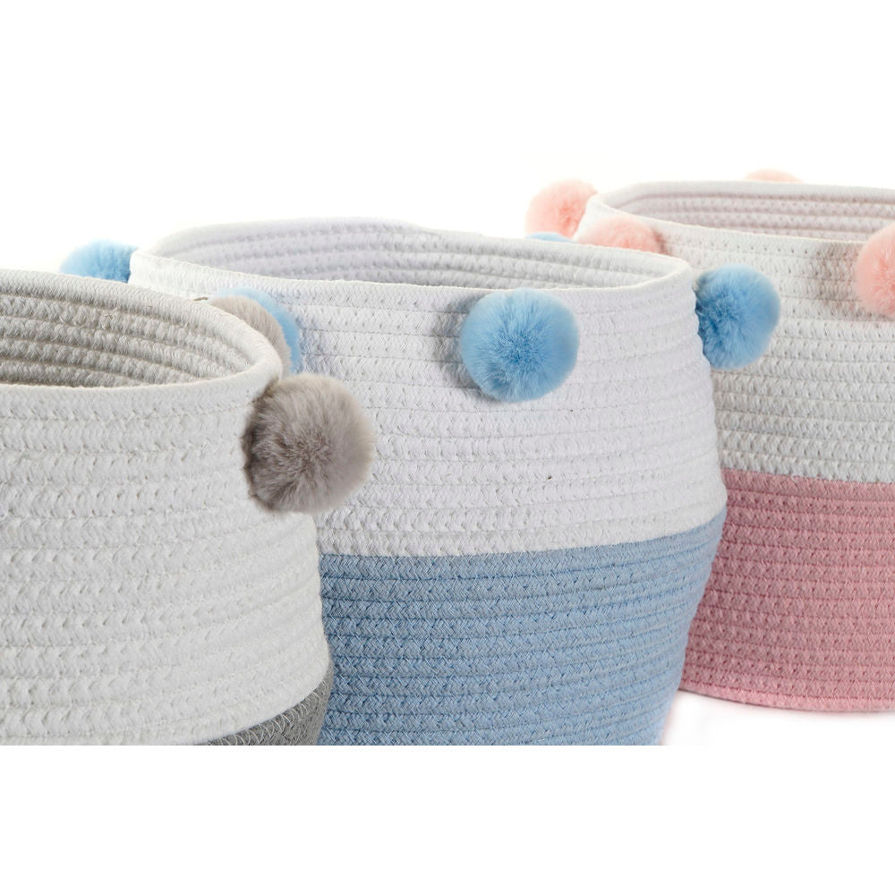 Cestino DKD Home Decor Cotone Pompon (3 pezzi) (30 x 30 x 26 cm)