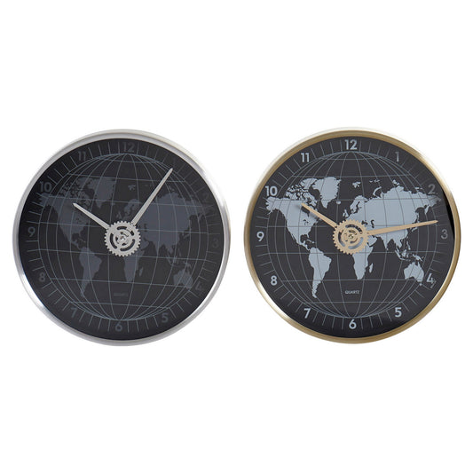 Orologio da Parete DKD Home Decor Nero Alluminio Vetro Dorato Argentato Mappamondo (2 pezzi) (30 x 4.3 x 30 cm)
