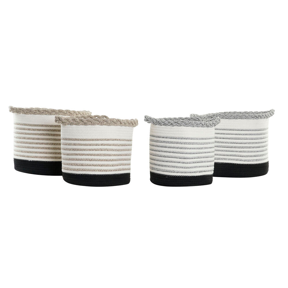 Set di Cestini DKD Home Decor Dungi Nero Grigio Marrone Cotone Bianco Boho (2 pezzi) (4 pezzi)