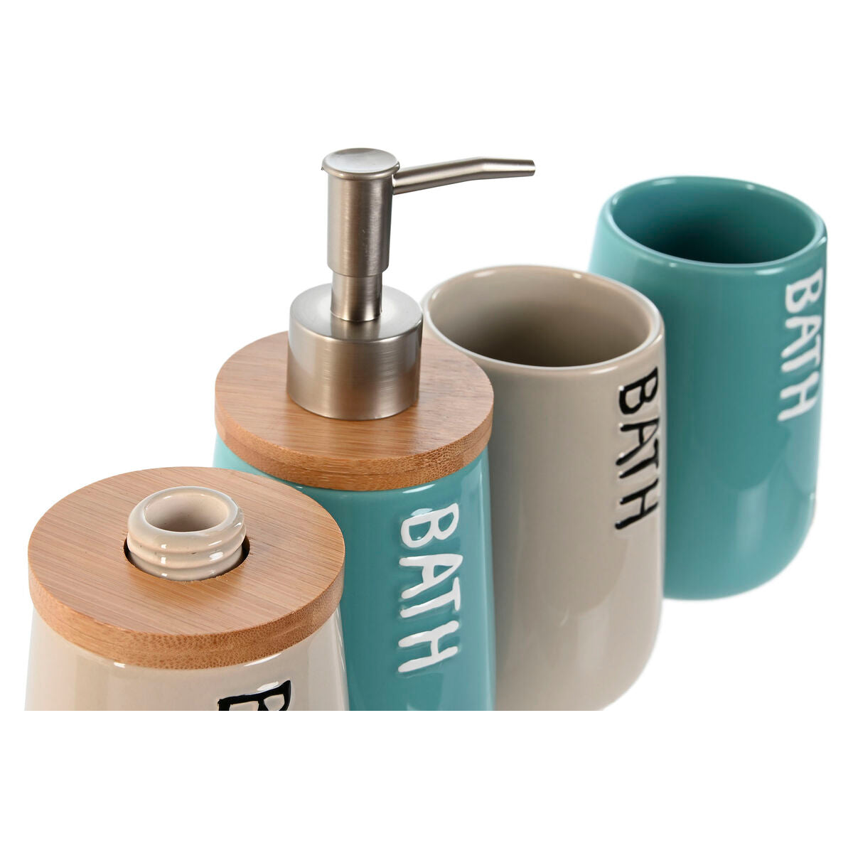 Set da Bagno Home ESPRIT Beige Turchese Bambù ABS Dolomite 9 x 8,5 x 19 cm (2 Unità)