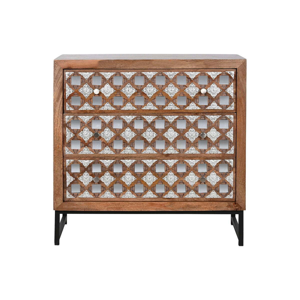 Cassettiera Home ESPRIT Marrone Nero Argentato Legno di mango Specchio Indiano 80 x 38 x 80 cm