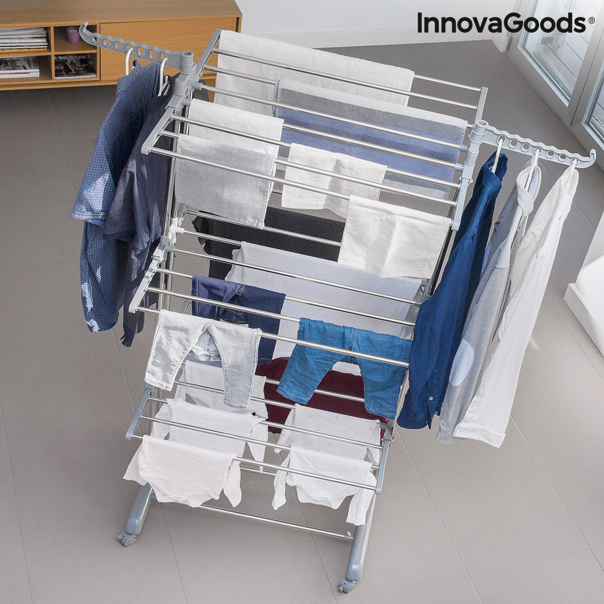 Stendibancheria Verticale Pieghevole con Ruote Folver InnovaGoods 24 Sbarre