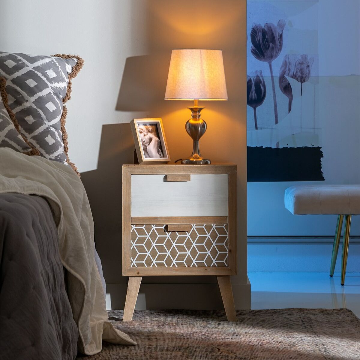 Comodino KENSY 40 x 30 x 55 cm Naturale Legno Bianco