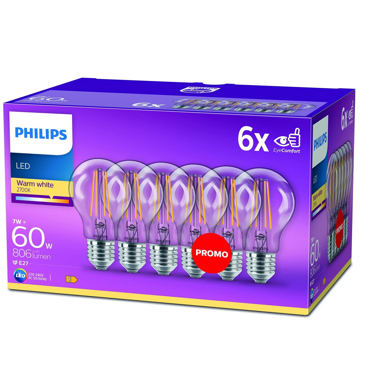 Lampadina LED Philips Bombilla Trasparente A+ 60 W E (2700k)