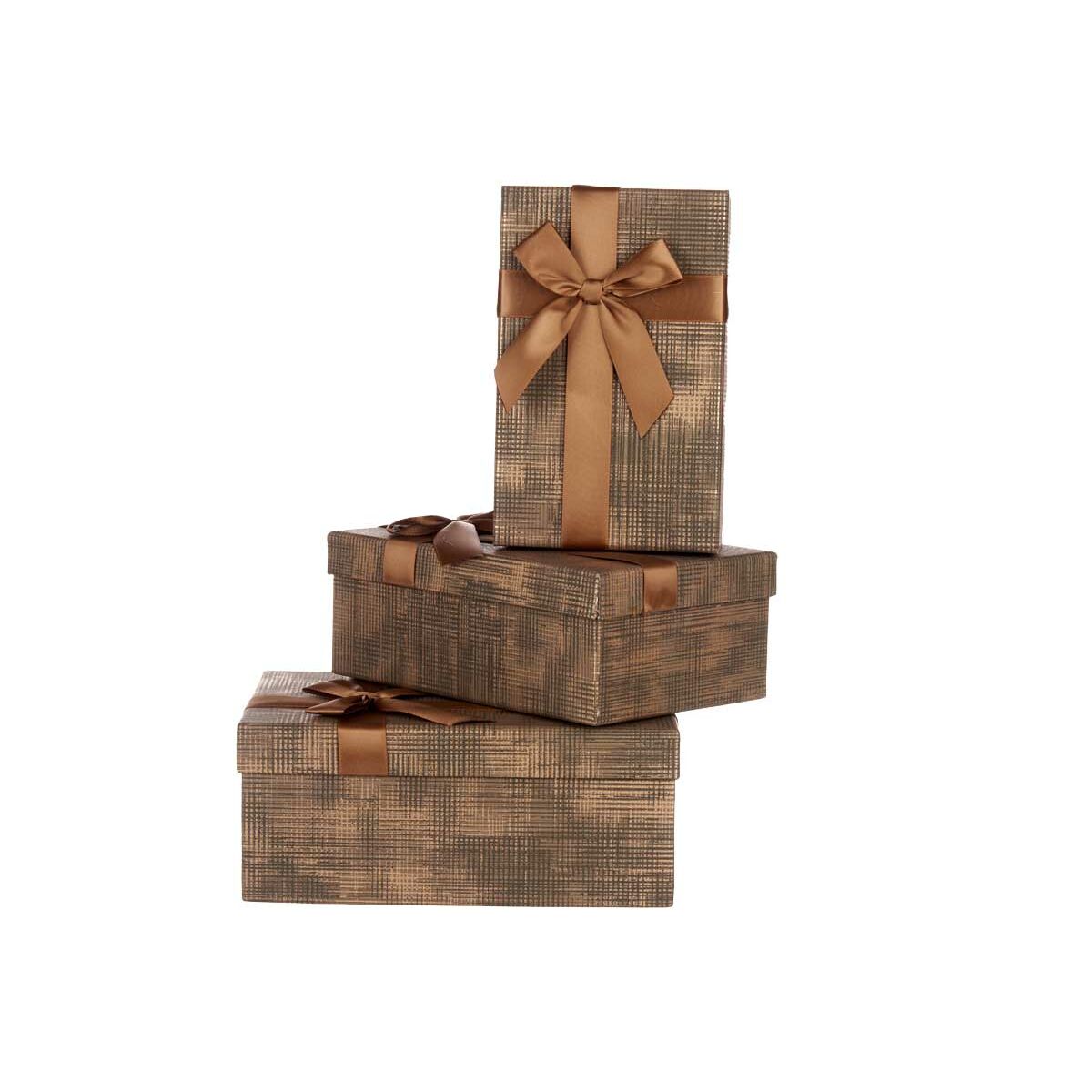 Set di Scatole Decorative Marrone Nero Cartone Righe Fiocco 3 Pezzi
