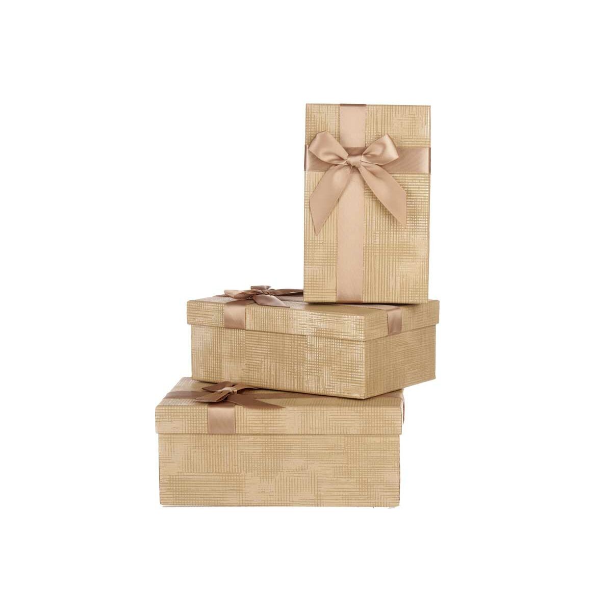 Set di Scatole Decorative Beige Cartone Righe Fiocco 3 Pezzi