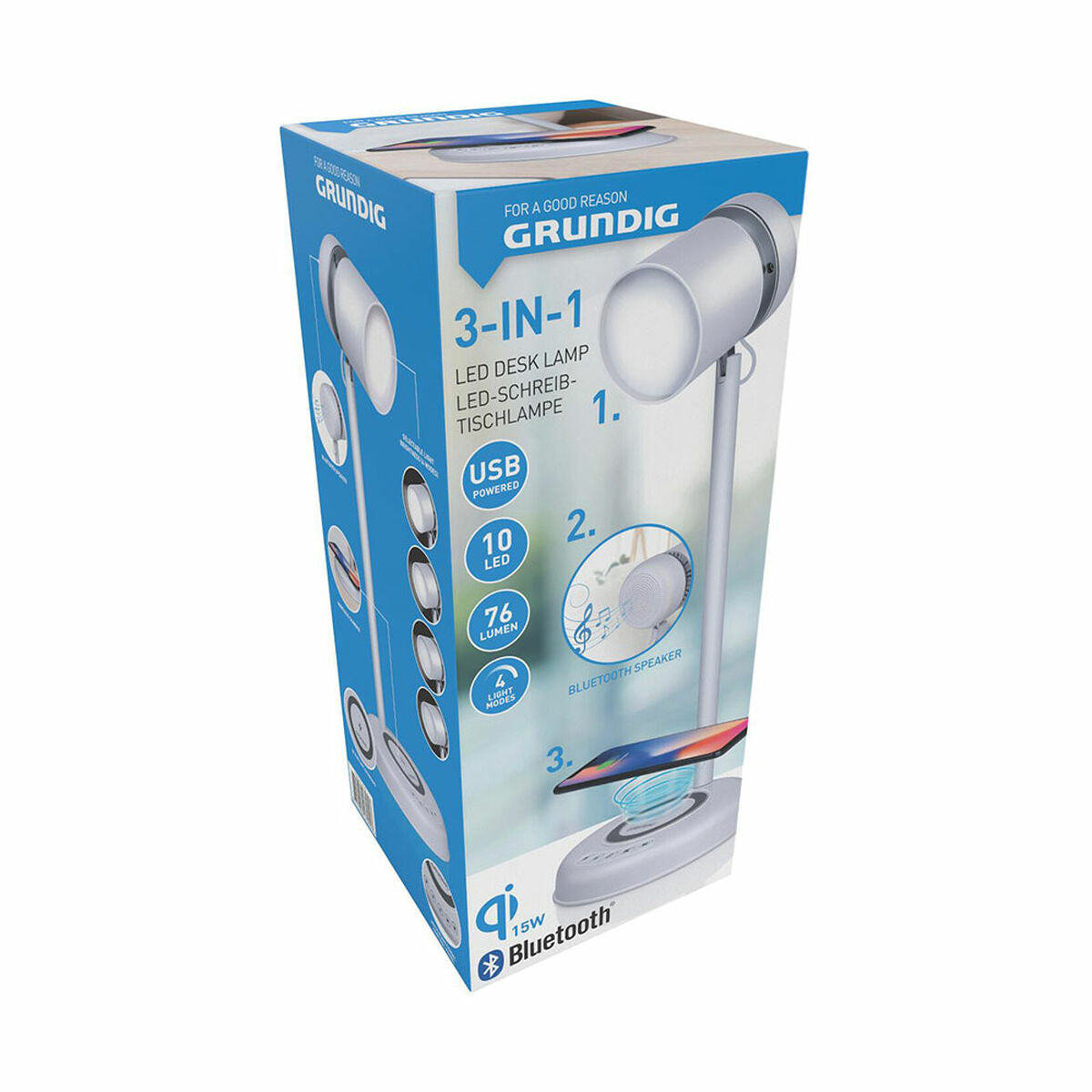 Lampada LED con Altoparlante e Caricabatterie Senza Fili Grundig Bianco Ø 12 x 34 cm Plastica 3 in 1
