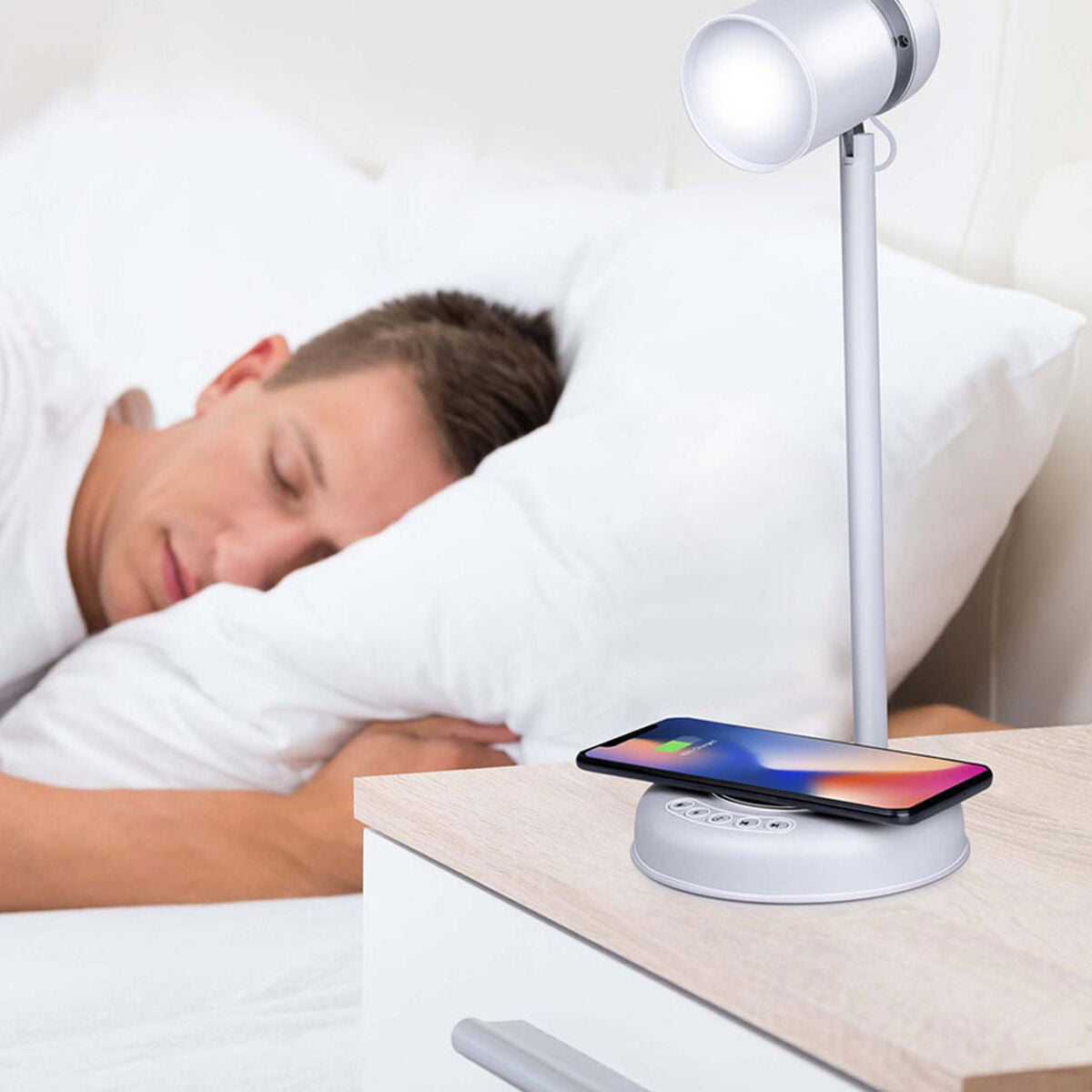 Lampada LED con Altoparlante e Caricabatterie Senza Fili Grundig Bianco Ø 12 x 34 cm Plastica 3 in 1