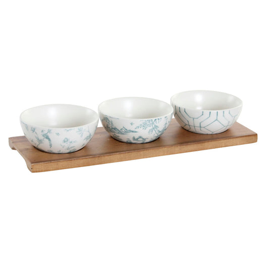 Set da Aperitivo DKD Home Decor S3027099 Porcellana Bianco Blu Marino Acacia (30 x 9.5 x 1.3 cm) (9,5 x 9,5 x 4 cm)