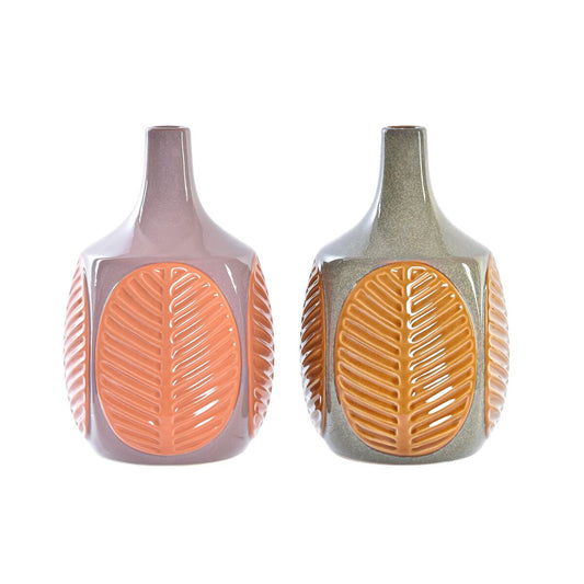 Vaso DKD Home Decor Rosa Marrone Gres Foglia della pianta (17 x 17 x 26 cm) (2 Unità)