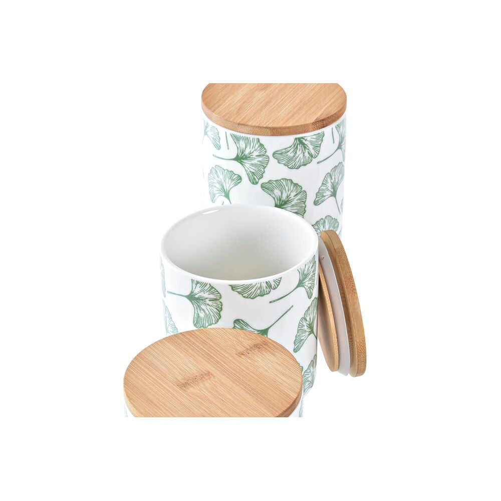 Set di 3 Barattoli DKD Home Decor Naturale Bianco Verde Bambù Gres Tropicale (3 Pezzi)