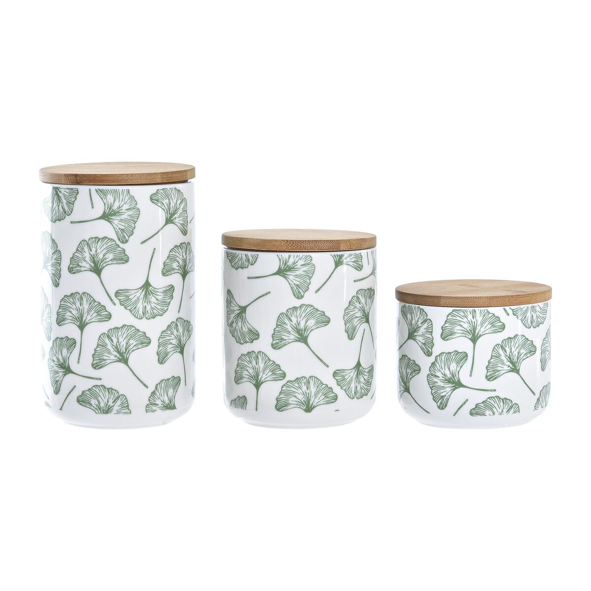 Set di 3 Barattoli DKD Home Decor Naturale Bianco Verde Bambù Gres Tropicale (3 Pezzi)