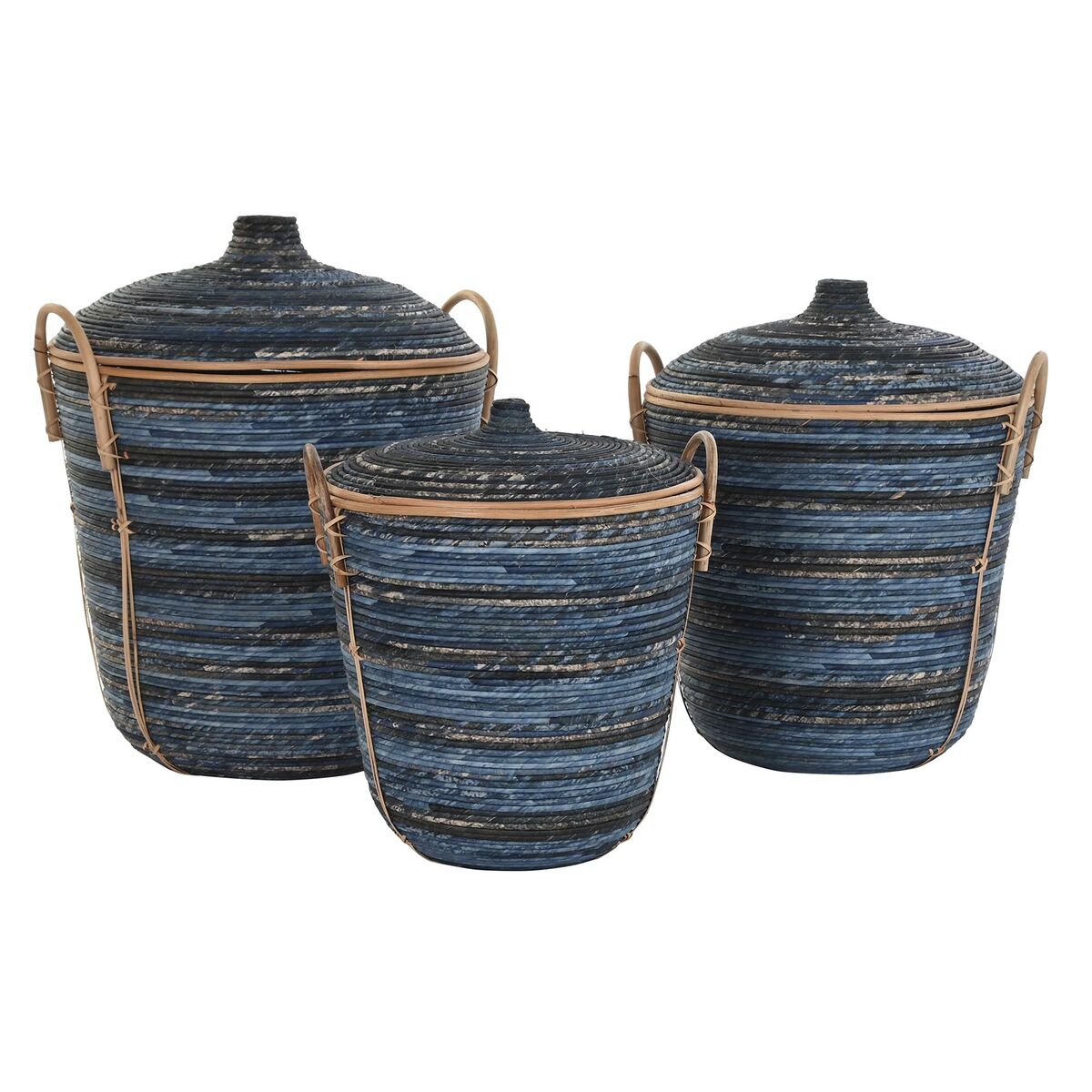 Set di Cestini DKD Home Decor Nero Azzurro Rattan Boho (51 x 51 x 65 cm)