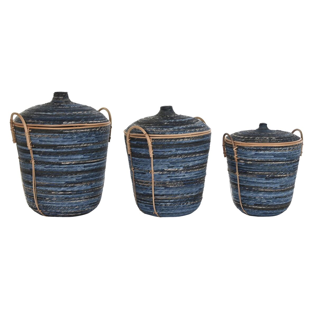 Set di Cestini DKD Home Decor Nero Azzurro Rattan Boho (51 x 51 x 65 cm)