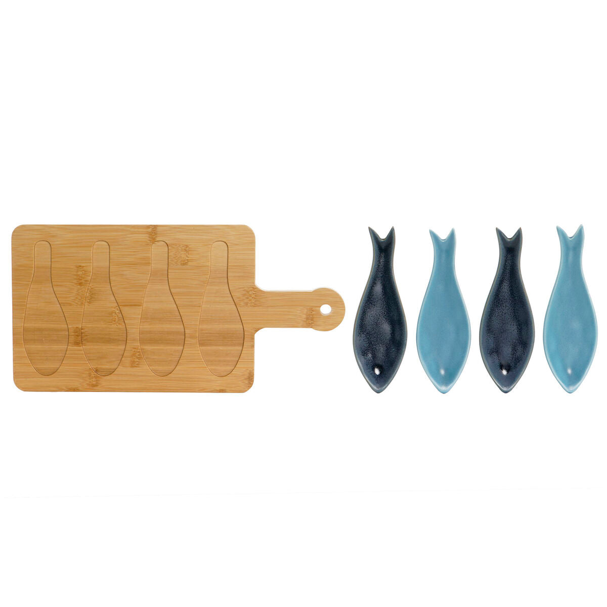 Set da Aperitivo Home ESPRIT Azzurro Verde Blu Marino Bambù Porcellana Mediterraneo Pesci 36 x 18 x 1,3 cm 5 Pezzi