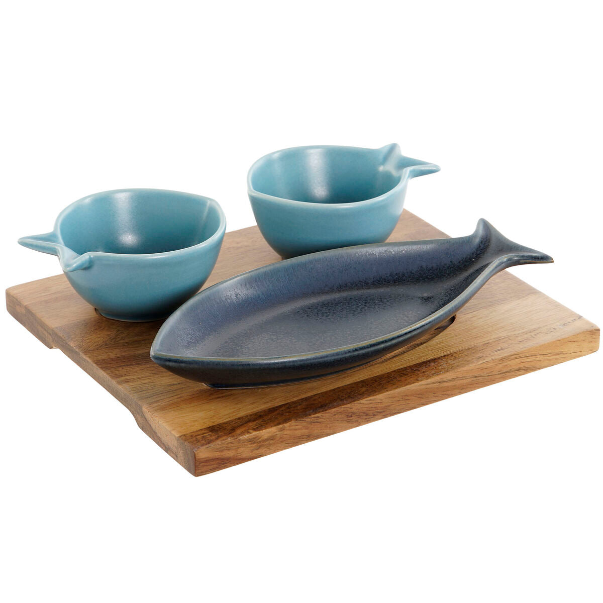 Set da Aperitivo Home ESPRIT Azzurro Blu cielo Porcellana Acacia Mediterraneo Pesci 19,5 x 16,5 x 1,3 cm 4 Pezzi