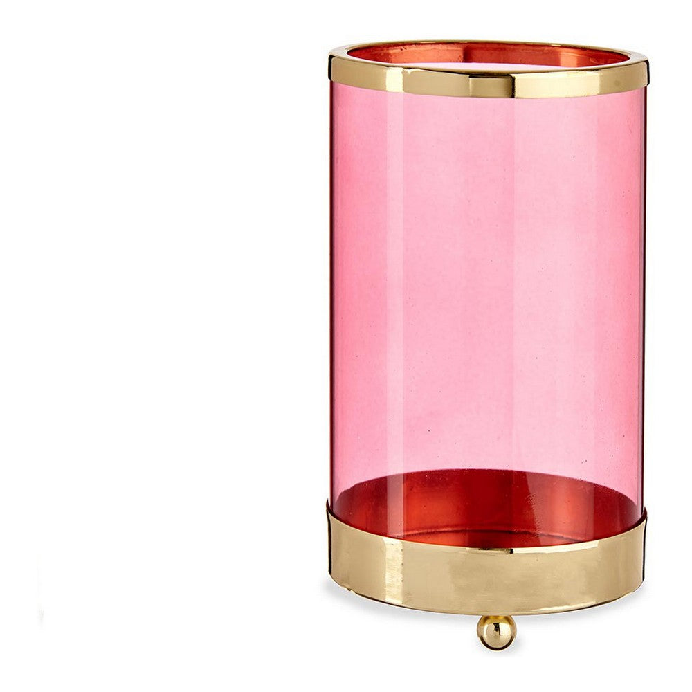 Portacandele Rosa Dorato Cilindro Metallo Vetro (9,7 x 16,5 x 9,7 cm)