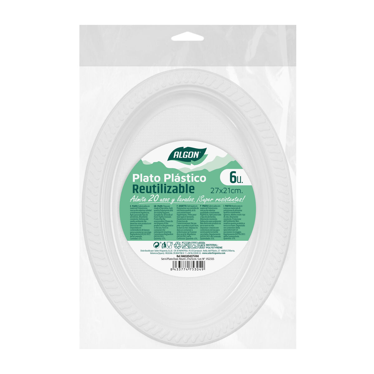 Set di piatti riutilizzabili Algon Bianco 27 x 21 cm Plastica 6 Unità