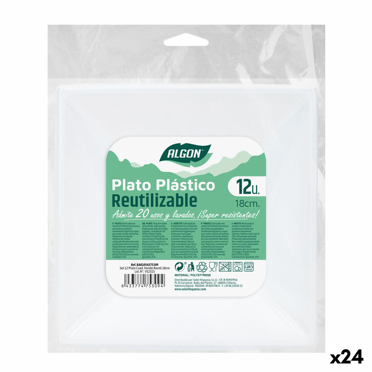 Set di piatti riutilizzabili Algon Quadrato Bianco Plastica 18 x 18 x 4 cm (24 Unità)