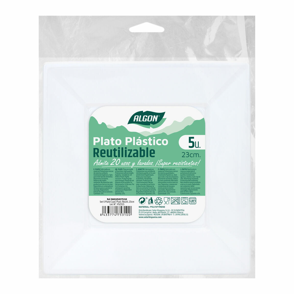 Set di piatti riutilizzabili Algon Quadrato Bianco Plastica 23 x 23 x 2 cm (48 Unità)