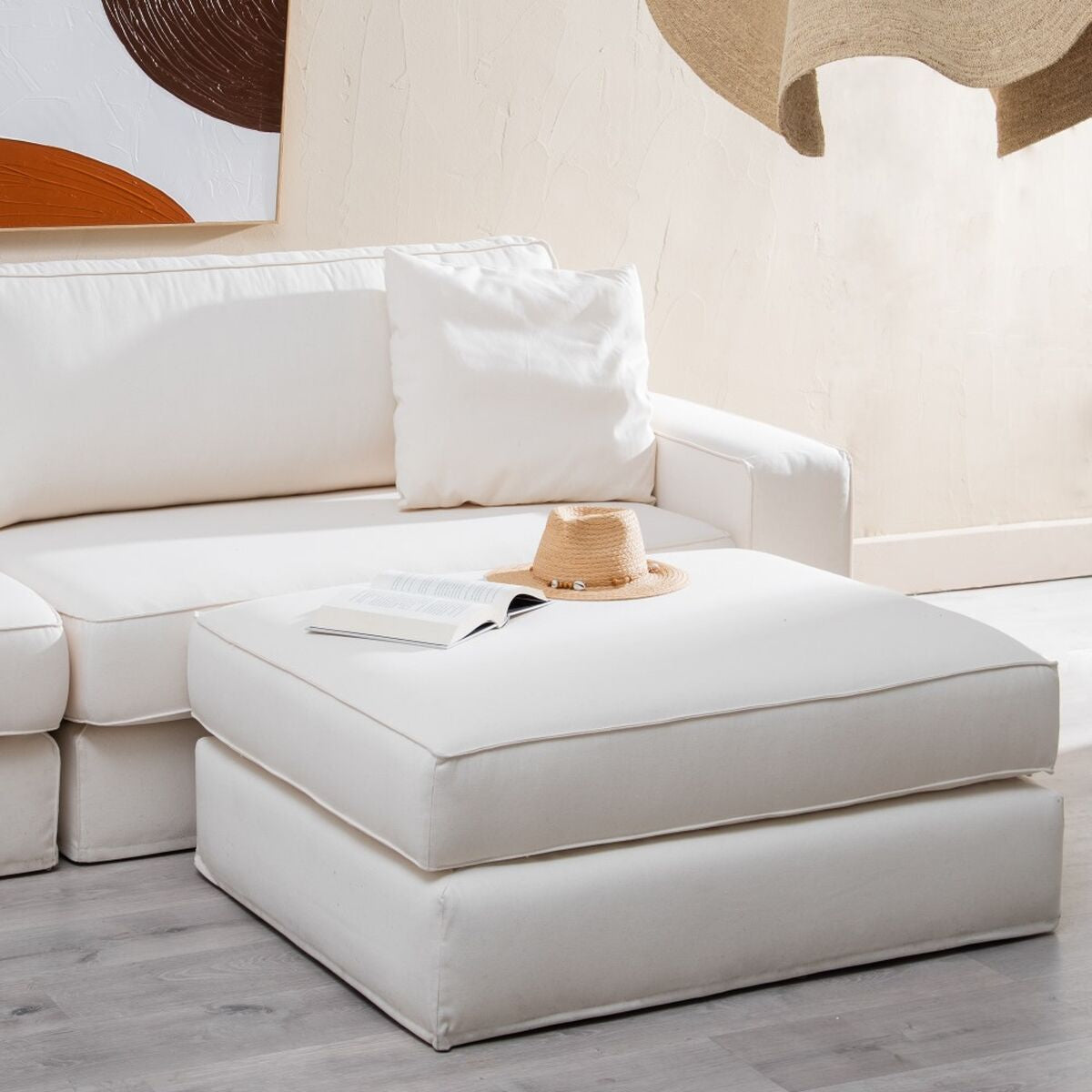 Puff 100 x 80 x 44 cm Tessuto Sintetico Crema