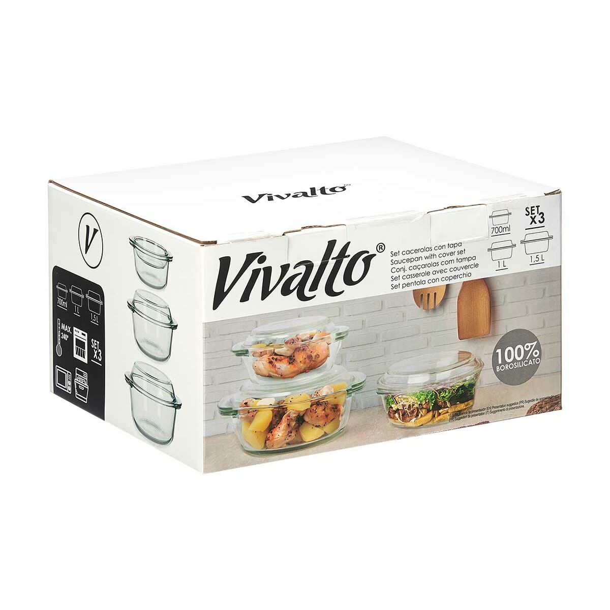 Casseruole Set Vetro Borosilicato Trasparente 700 ml 1 L 1,5 L (4 Unità)