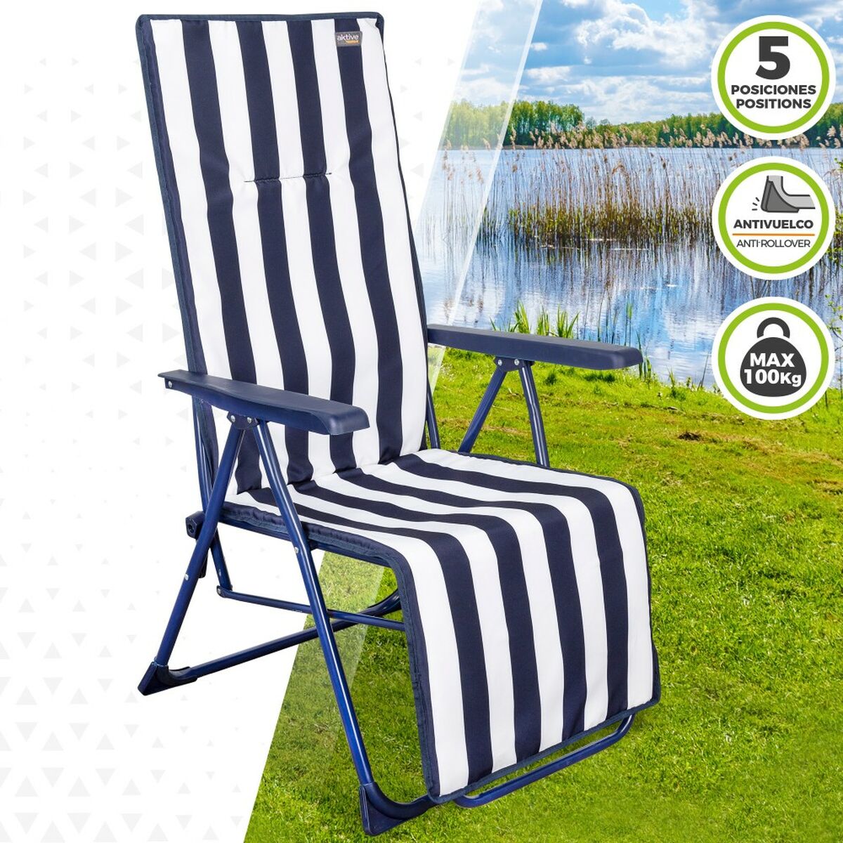 Lettino prendisole Aktive Bianco Blu Marino Reclinabile A strisce 147 x 70 x 48 cm (2 Unità)