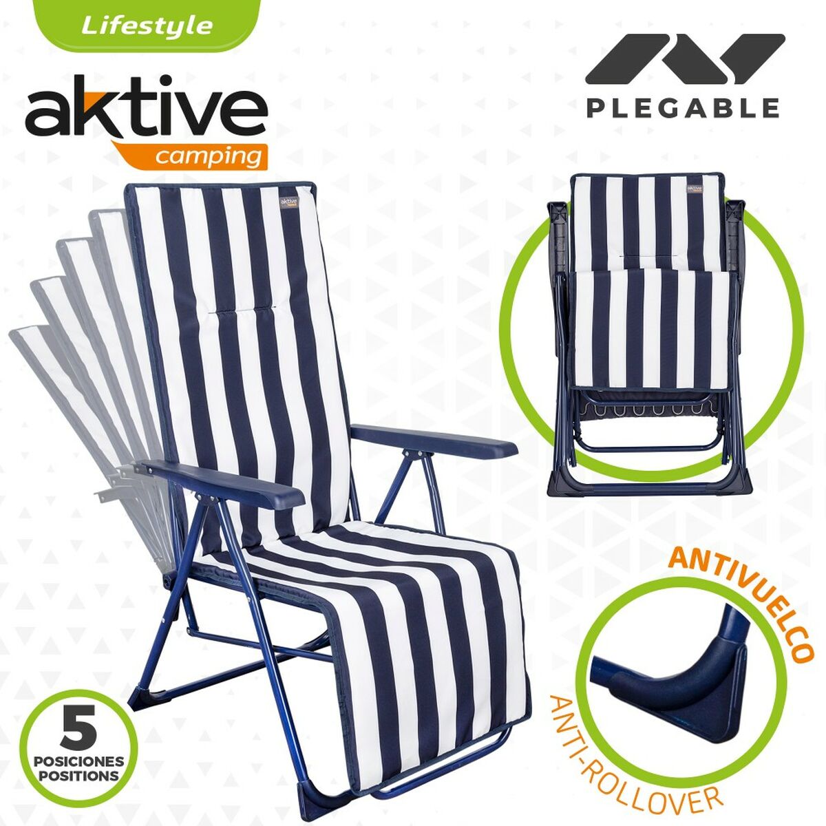 Lettino prendisole Aktive Bianco Blu Marino Reclinabile A strisce 147 x 70 x 48 cm (2 Unità)
